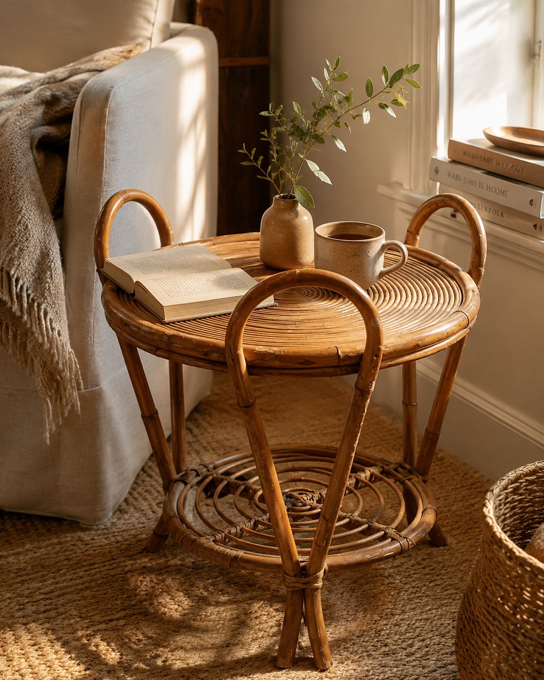 Vintage Sculptural Two Tier Rattan Side Table With Loop Handles, Japan, 1970s photo vinterior