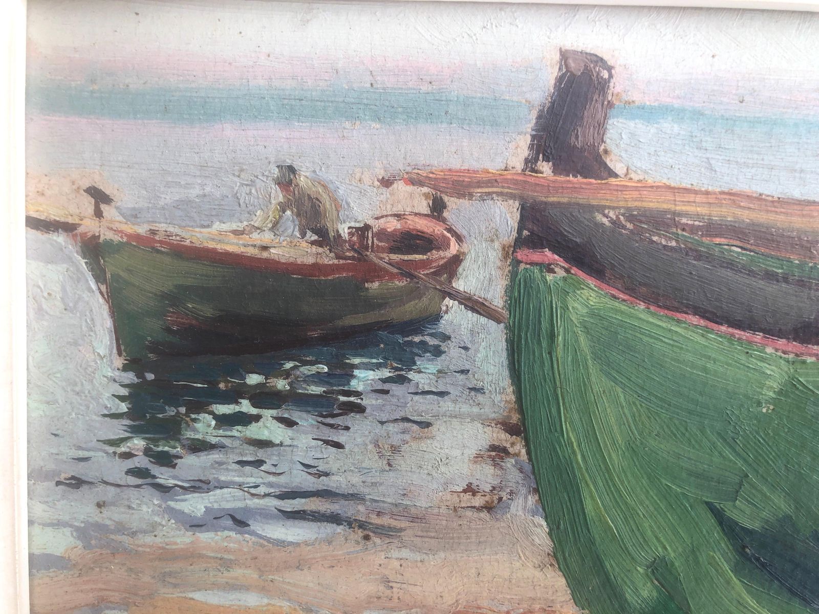 Joaquin Terruella Matilla – Mediterrane vissersbootjes, kustlandschap, impressionistisch havergezicht, olieverf op karton, ca. 1920 photo buy
