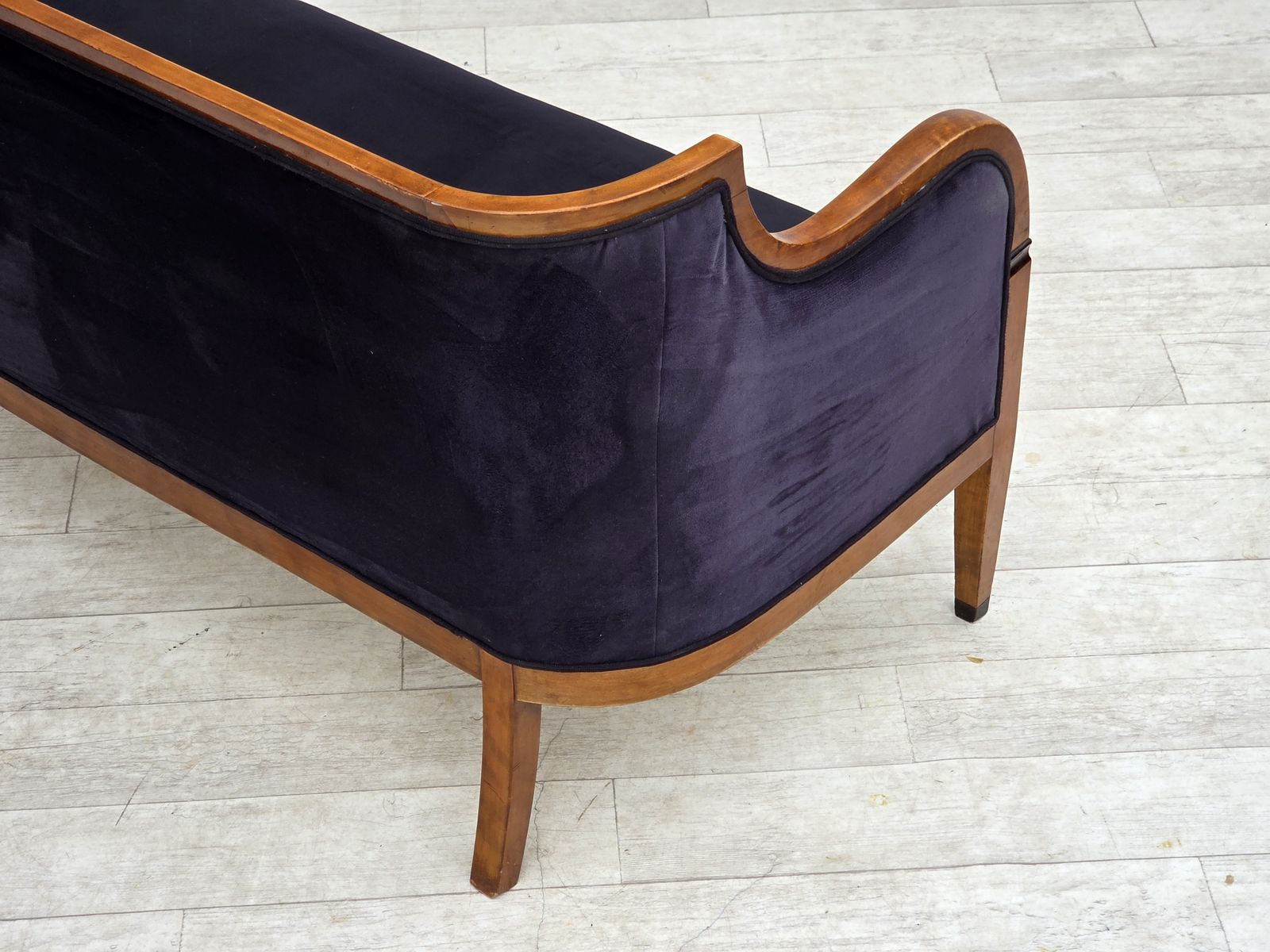photo furniture 1950s, Danish Art Deco 2 Seater Sofa, Ash Wood, Furniture Velour.
