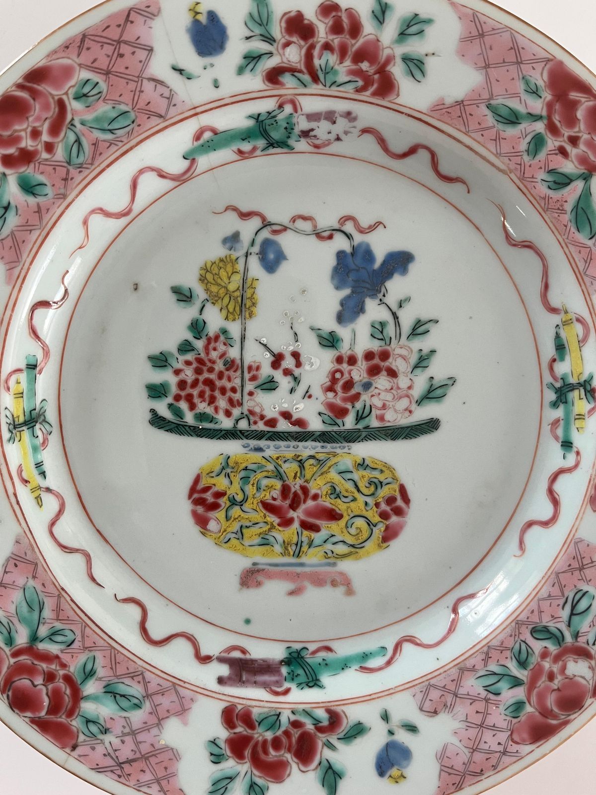 Chinese Porcelain Plate Famille Rose Flower Basket, Qing Yongzheng Circa 1730 photo furniture