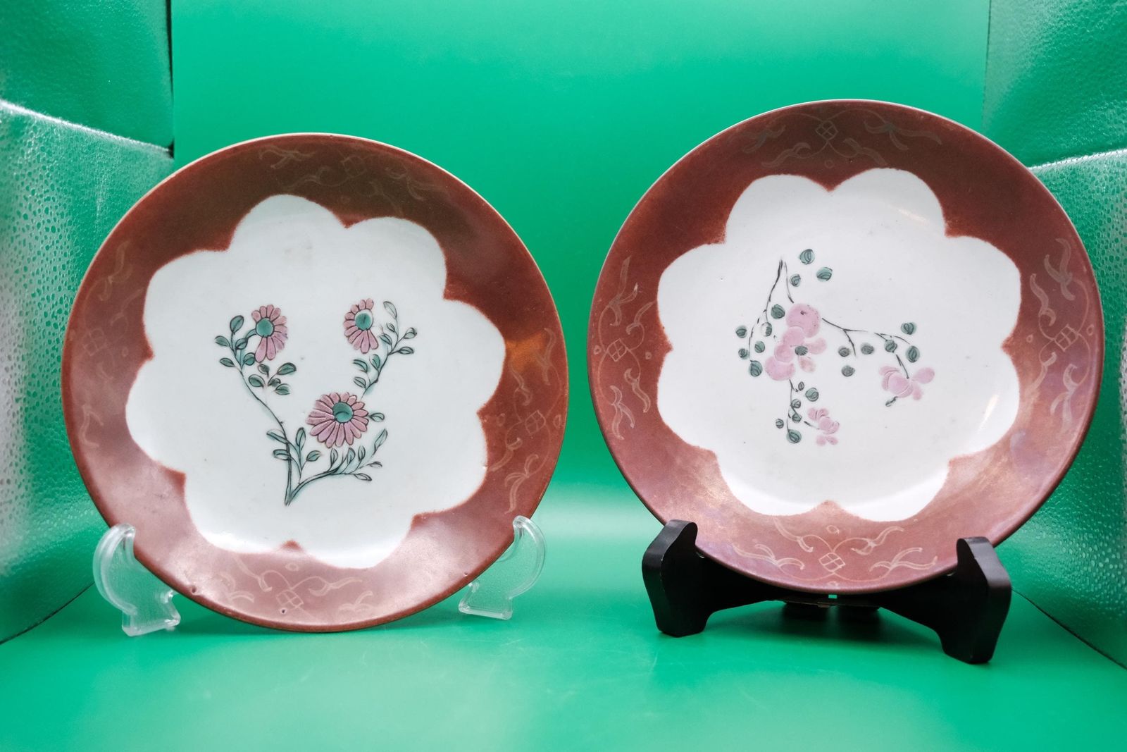 Pair Antique Chinese Export Porcelain Dishes, Coral Red Ground, 19th C Qing photo furniture
