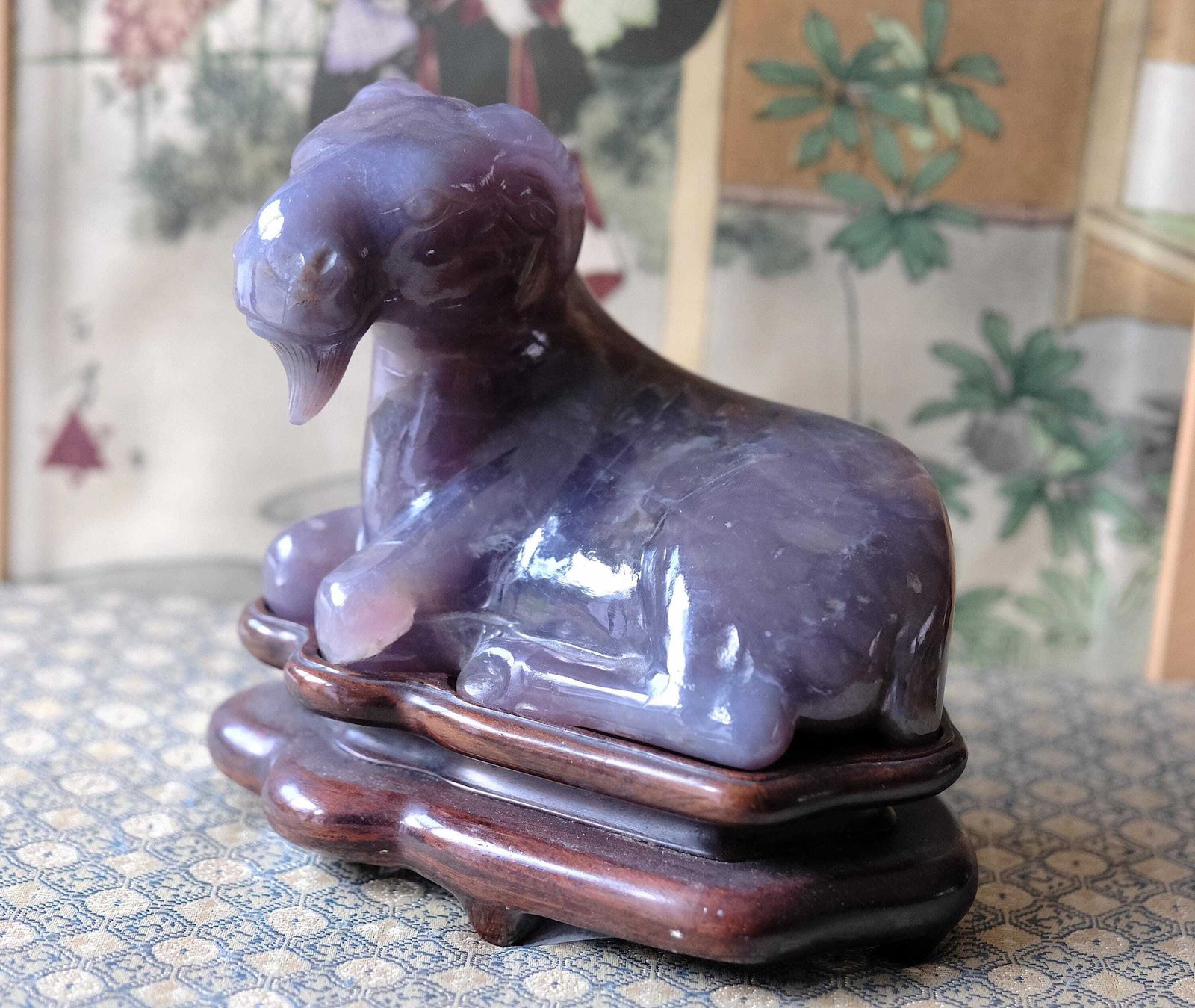Antique Chinese Hardstone Carving Ram Sheep Goat, Purple Amethyst Quartz, Qing/Republic, Wood Stand photo for sale