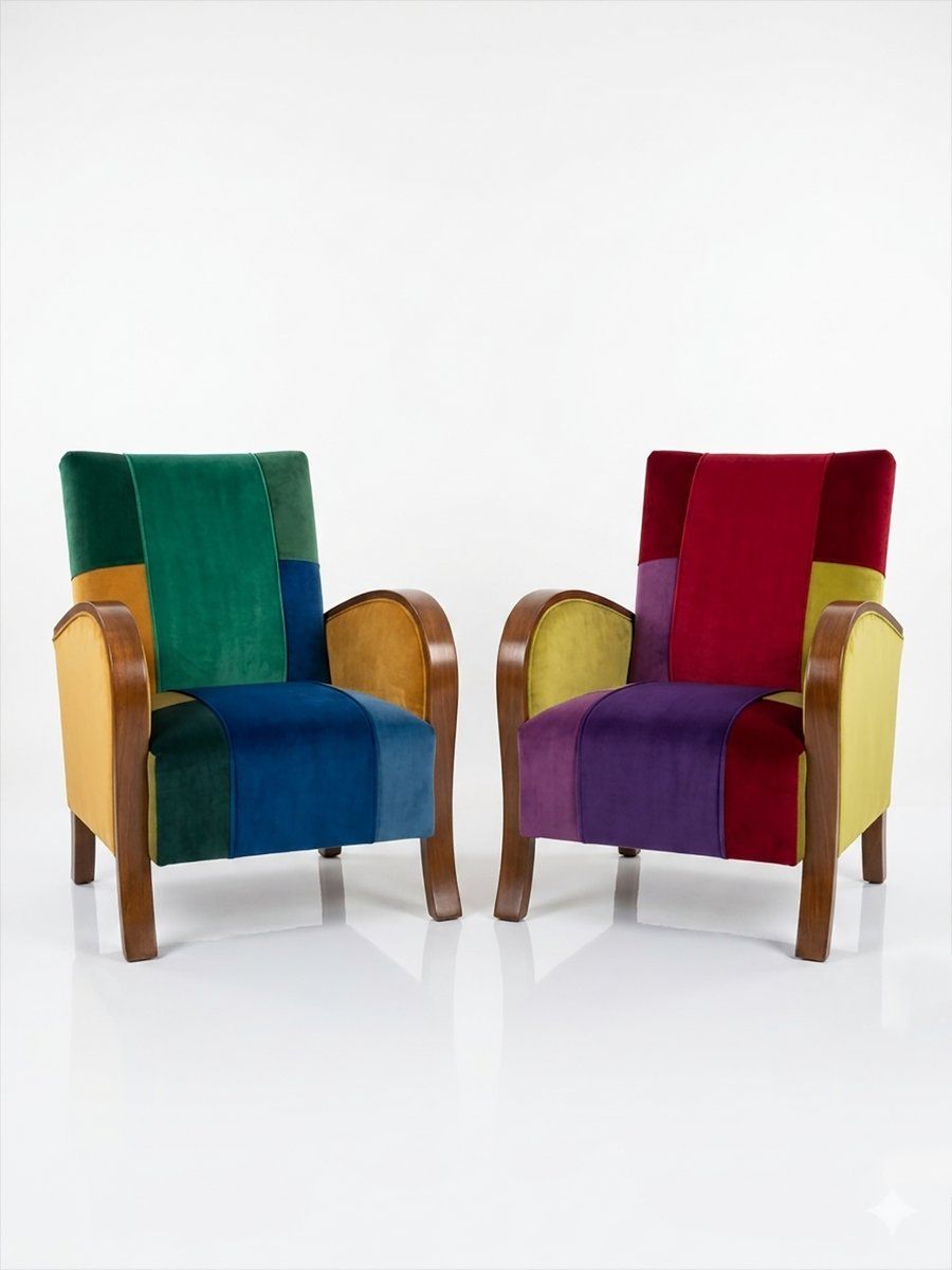 Art Deco Fauteuils in Levendige Meerkleurige Fluwelen Patchwork, Set van 2