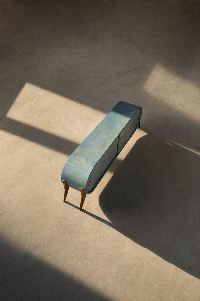 photo for sale Mid Century Modern Italian Turquoise Streamline Wood Sideboard, 1960s