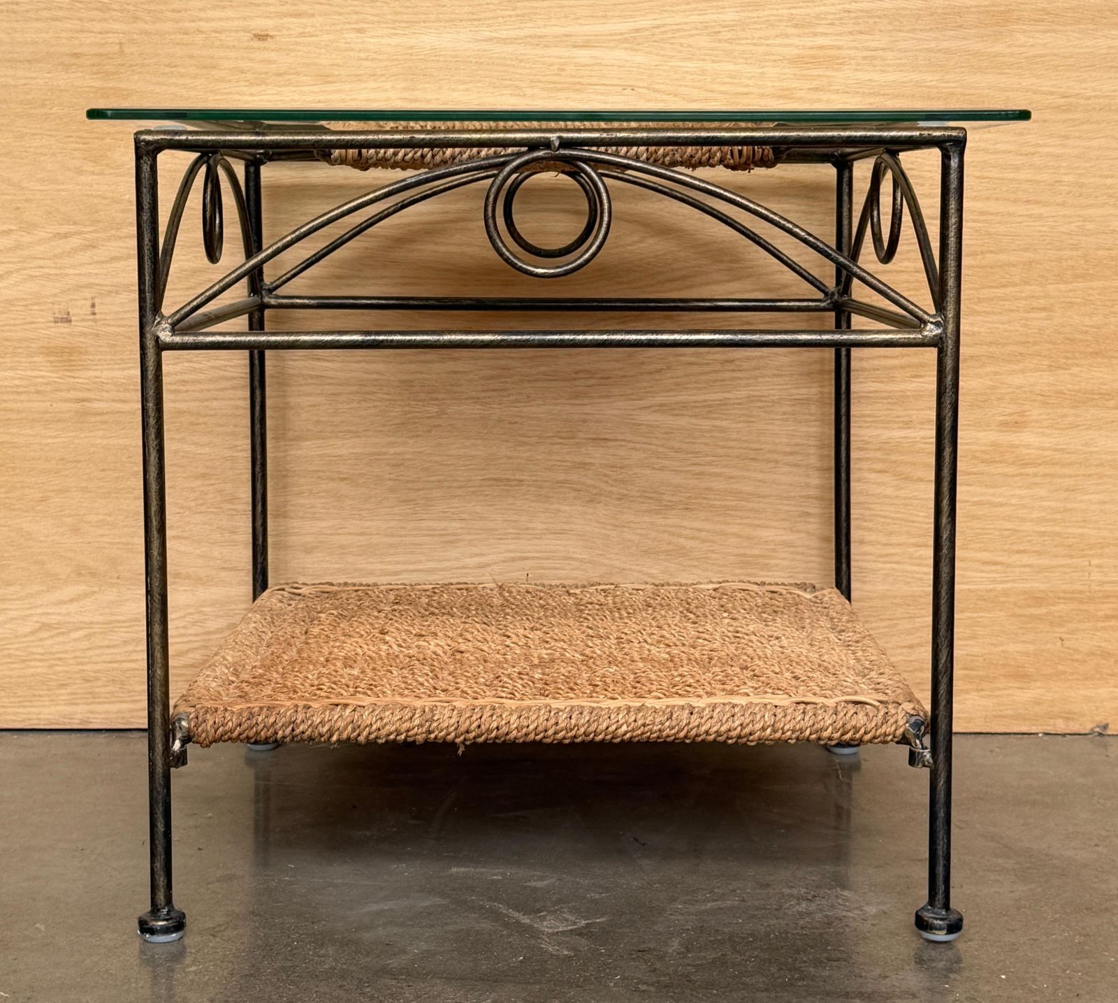 Pair Of Mid Century Modern Wrought Iron Side Tables With Glass Tops And Woven photo furniture