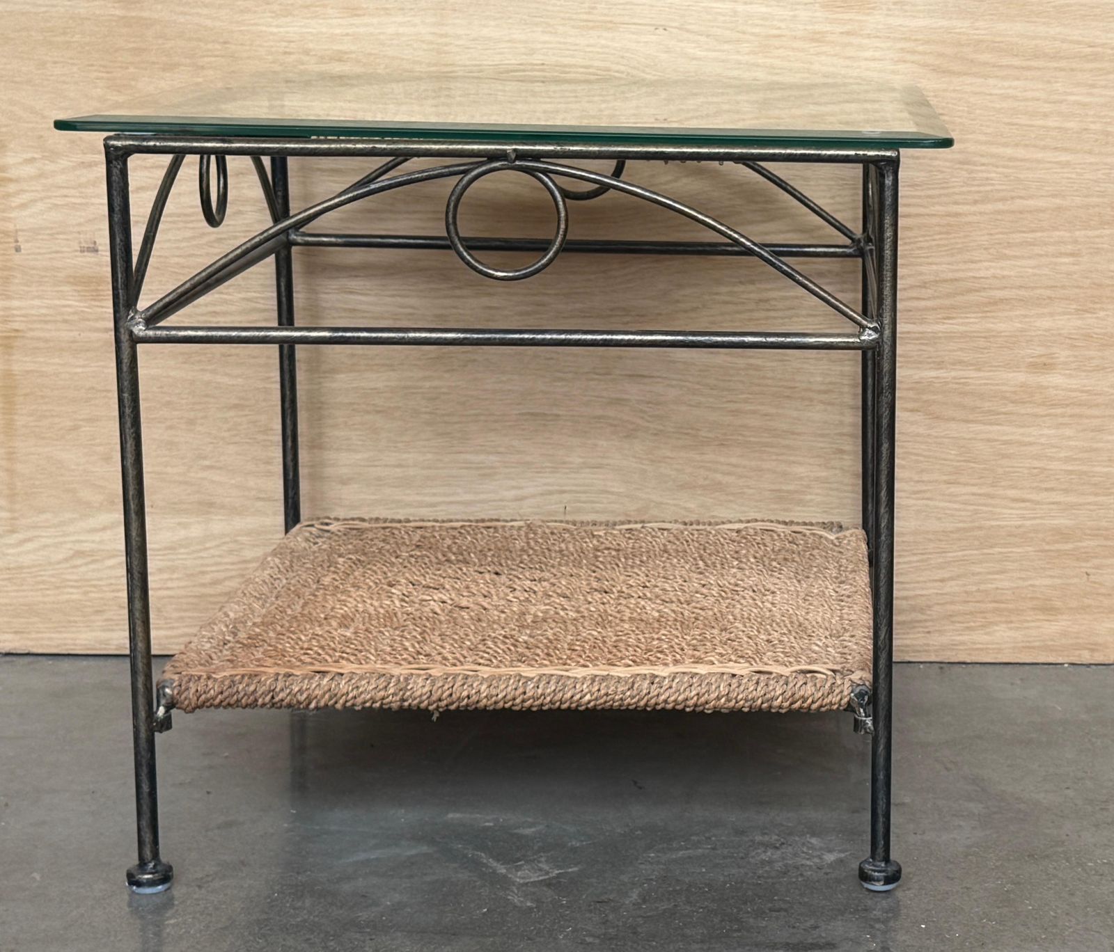 Pair Of Mid Century Modern Wrought Iron Side Tables With Glass Tops And Woven photo Furniture