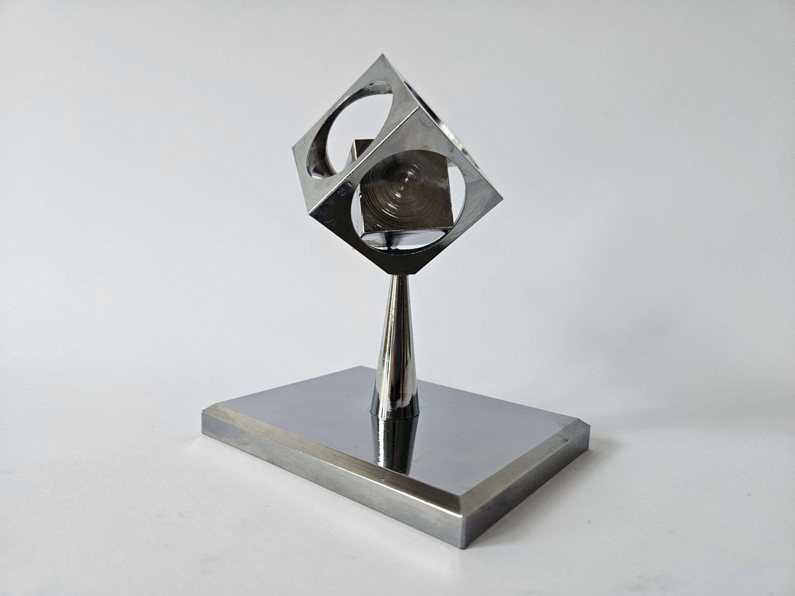 Rare Midcentury Chrome Paperweight, Model, Turners Cube, Desk Sculpture, 1970s photo furniture