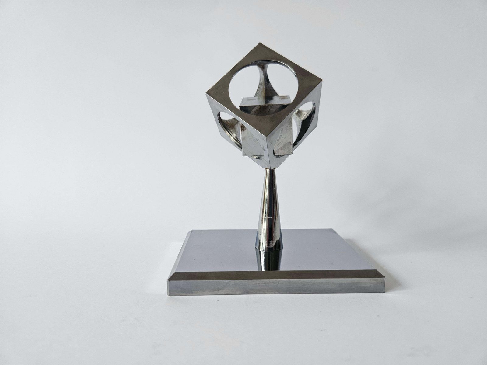 Rare Midcentury Chrome Paperweight, Model, Turners Cube, Desk Sculpture, 1970s photo Home Decor