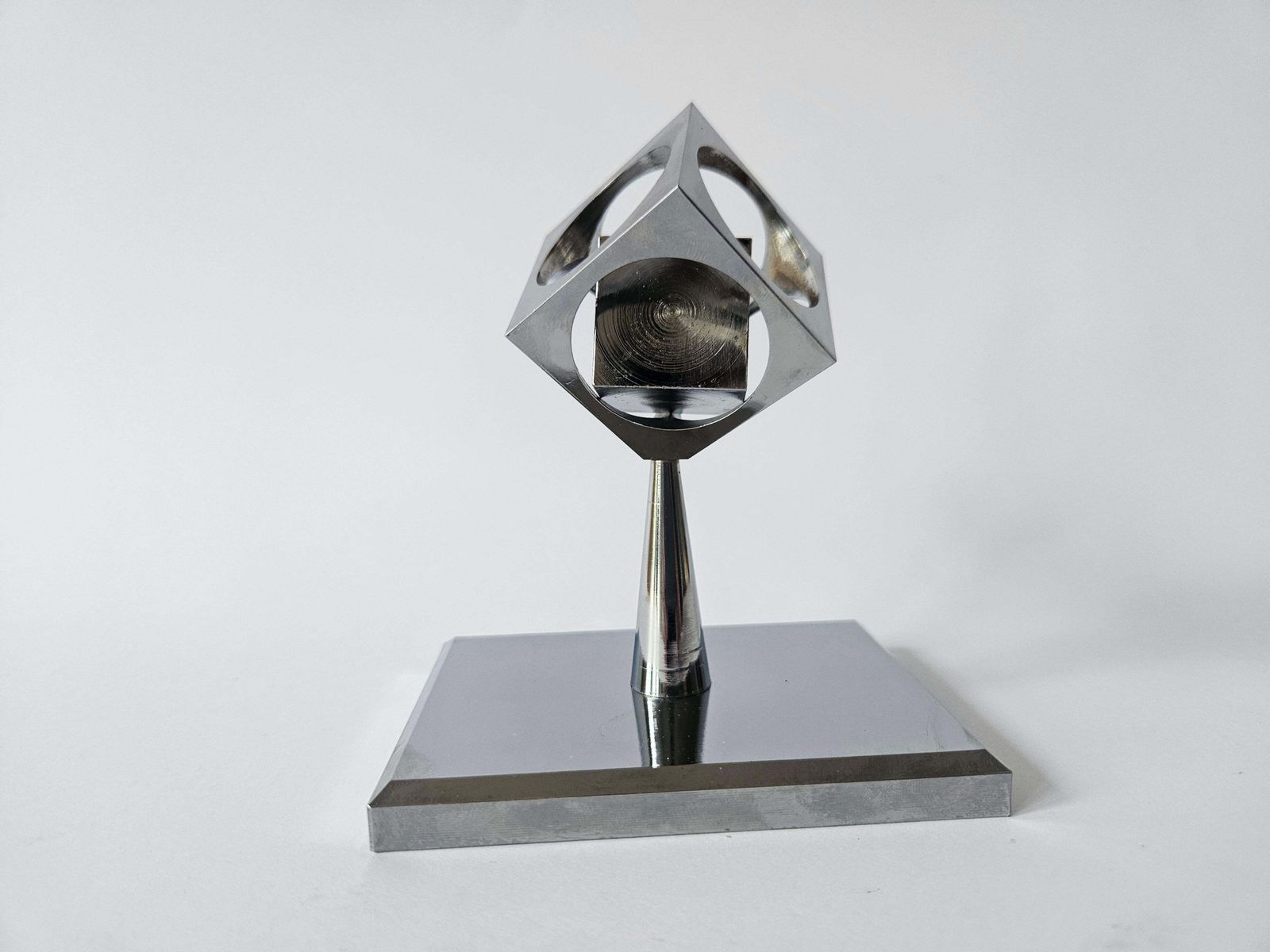 Rare Midcentury Chrome Paperweight, Model, Turners Cube, Desk Sculpture, 1970s photo vintage