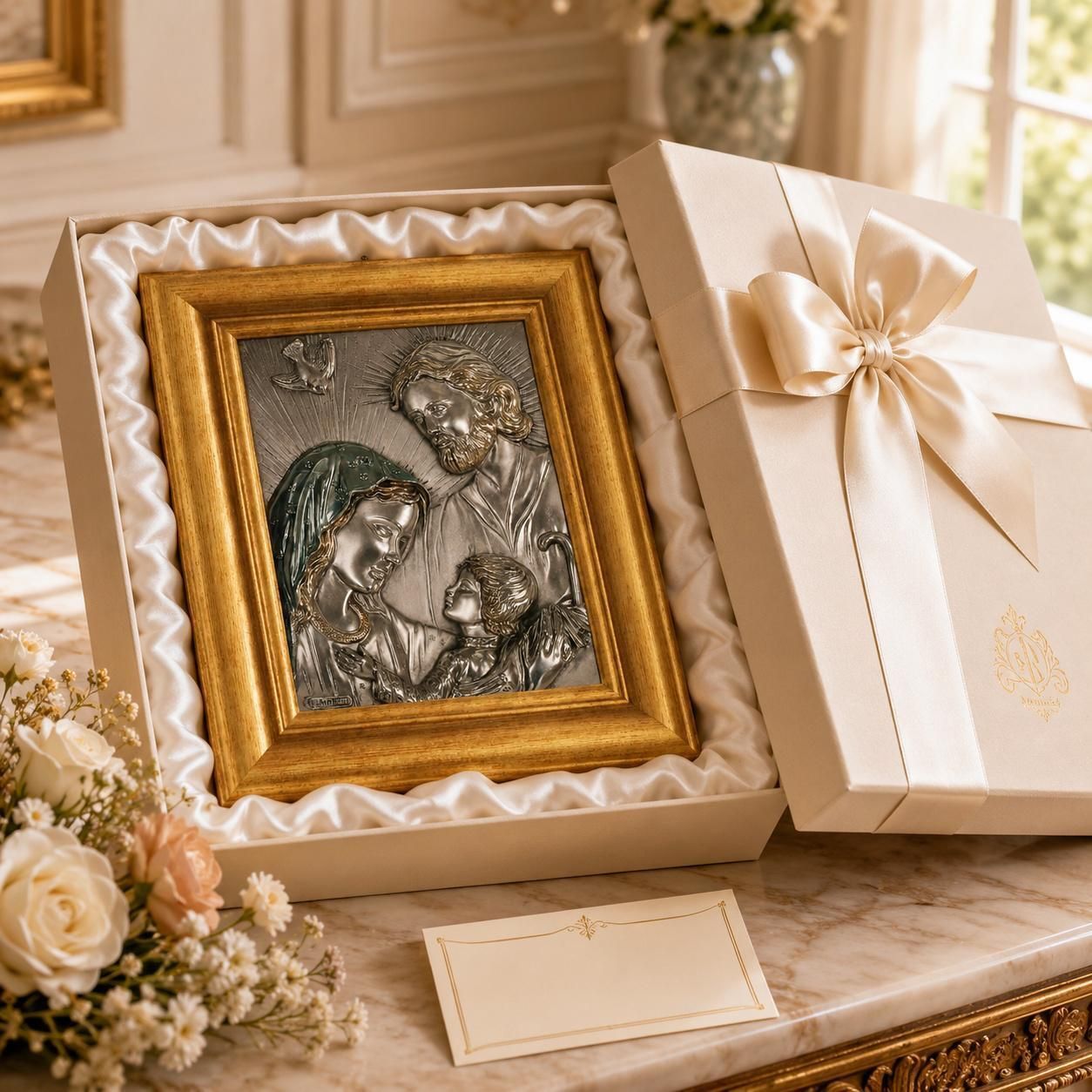 Italiaanse Florentijnse reliëfplaquette in 925 zilver uit de jaren 1970, met een bas-reliëf van de Heilige Familie photo furniture