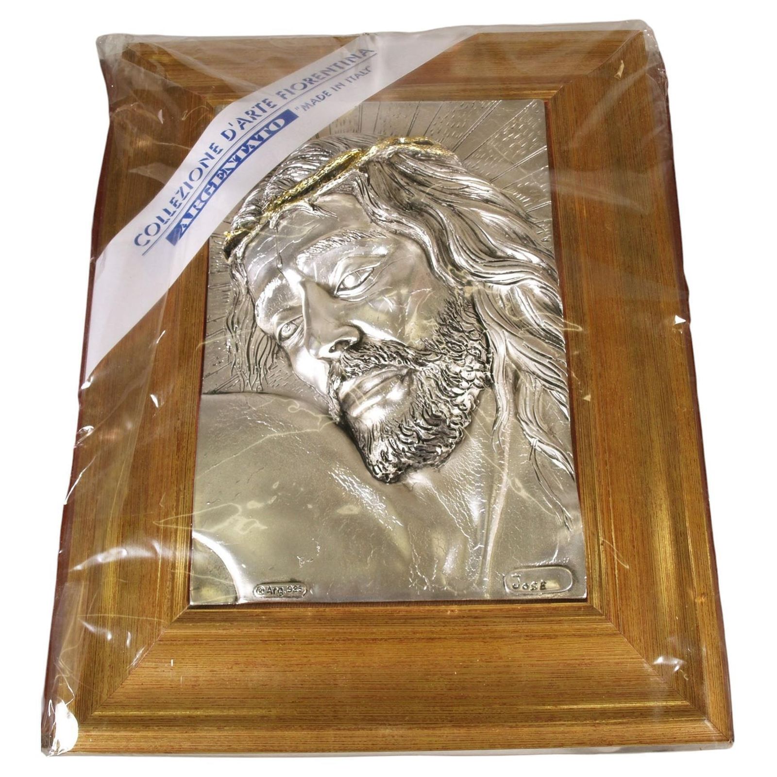 Italiaans Florentijns bas-reliëf uit de jaren 1970, verzilverd met 925 zilver, Christus in een verguld houten lijst photo for sale