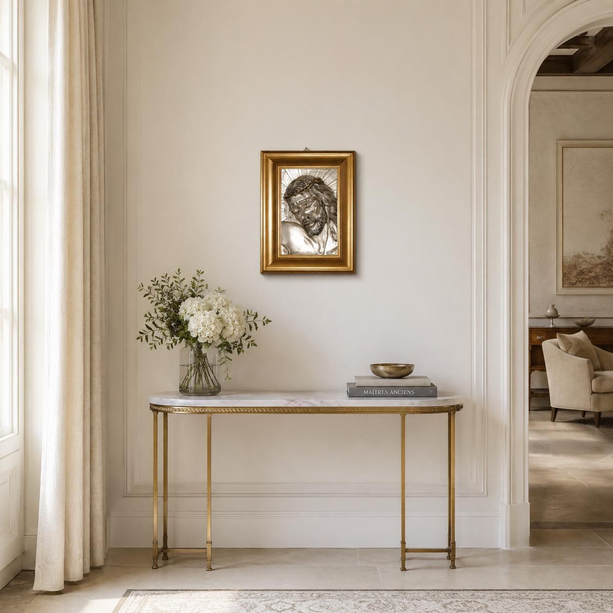 Italian 1970s Florentine 925 Silver Plated Bas Relief, Christ In A Giltwood Frame photo vinterior