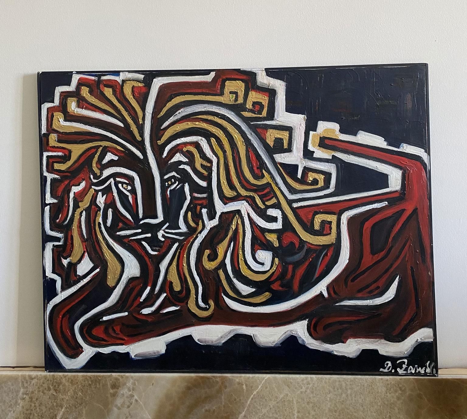 Italiaans postmodern olieverfschilderij op doek met een leeuw in zwart, rood en geel photo furniture