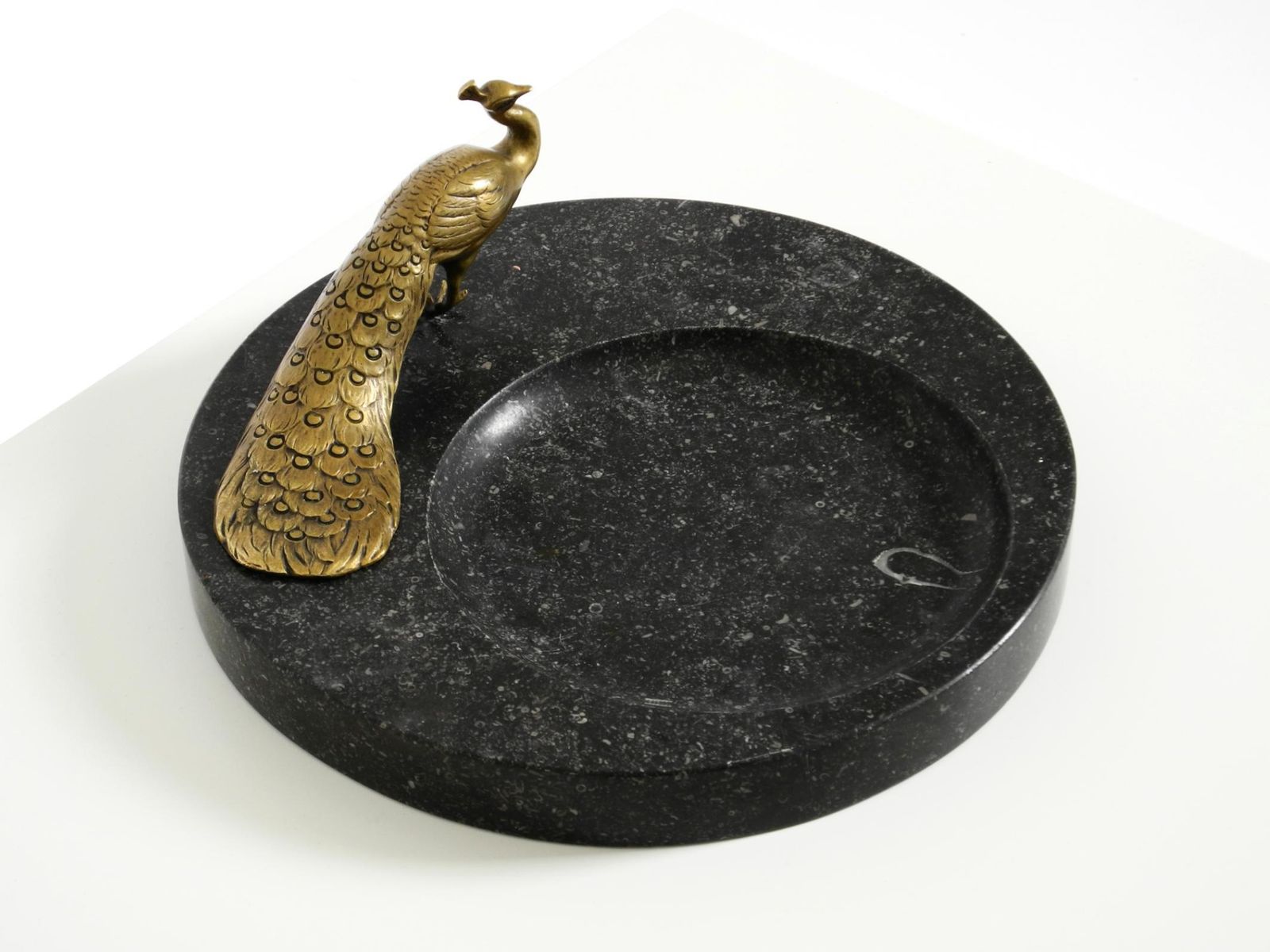 Beautiful, Large Black Granite Valet Tray Featuring A Brass Peacock, Circa 1920 photo 510.0