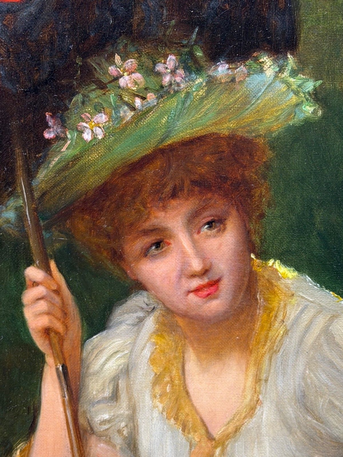 19e-eeuws portret in olieverf, dame met rode parasol, gesigneerd door William Oliver photo Kunst