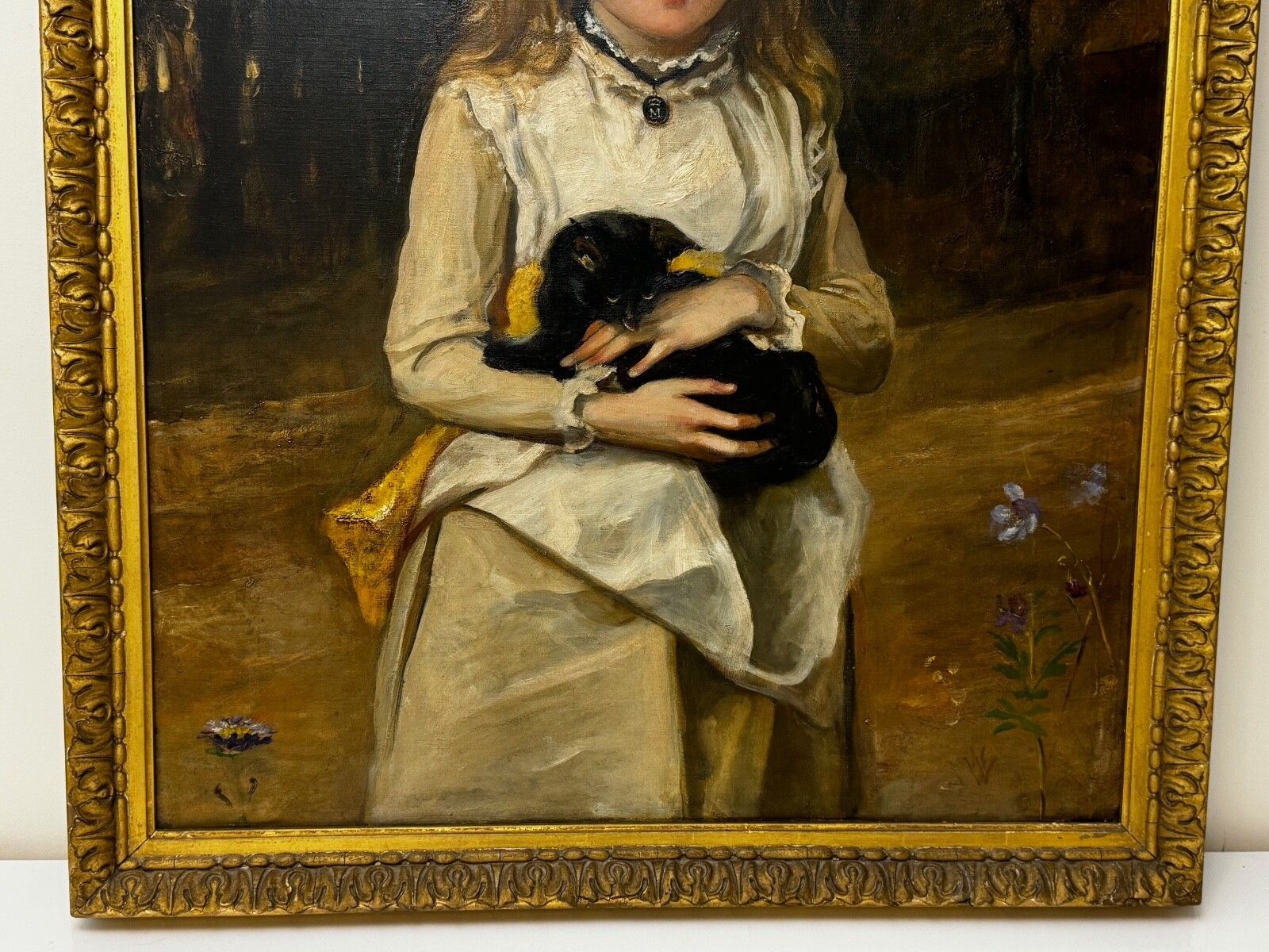 19th Century Oil Portrait Of Rachel Weigall With Kitten Signed By Henry Weigall photo buy