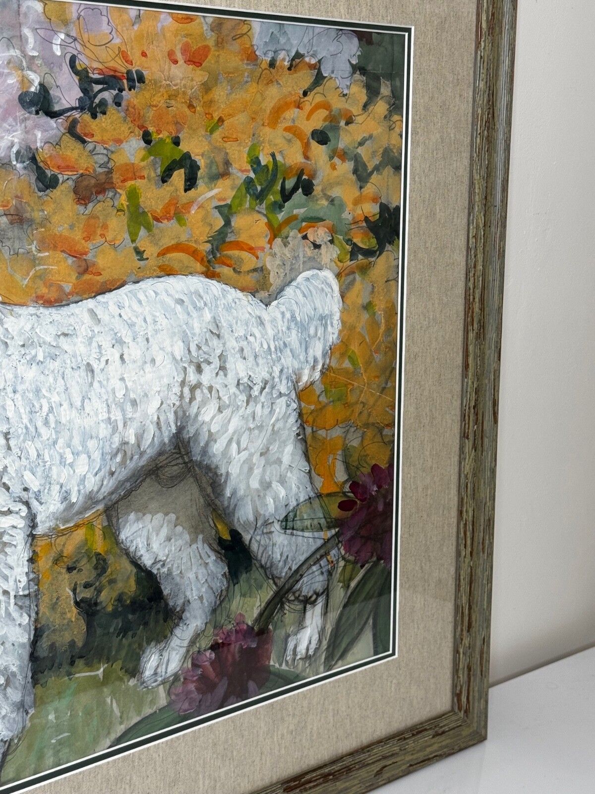 Groot schilderij portret witte poedel hond door Charles Frederick Tunnicliffe photo for sale