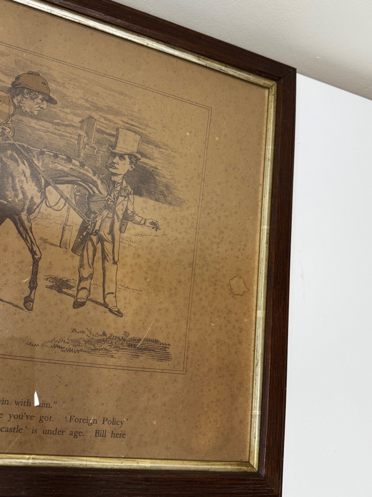 19e-eeuwse politieke prent William Gladstone als jockey van Lord Rosebery op paard Verbosity door Edward Linley Sambourne photo for sale