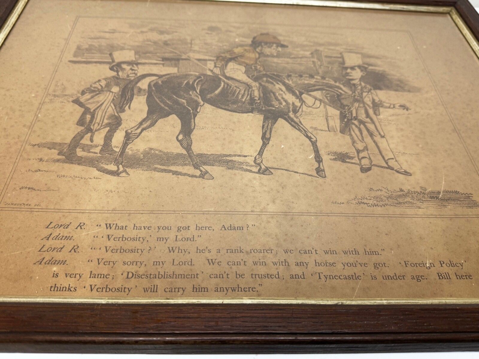 19e-eeuwse politieke prent William Gladstone als jockey van Lord Rosebery op paard Verbosity door Edward Linley Sambourne photo 1250.0