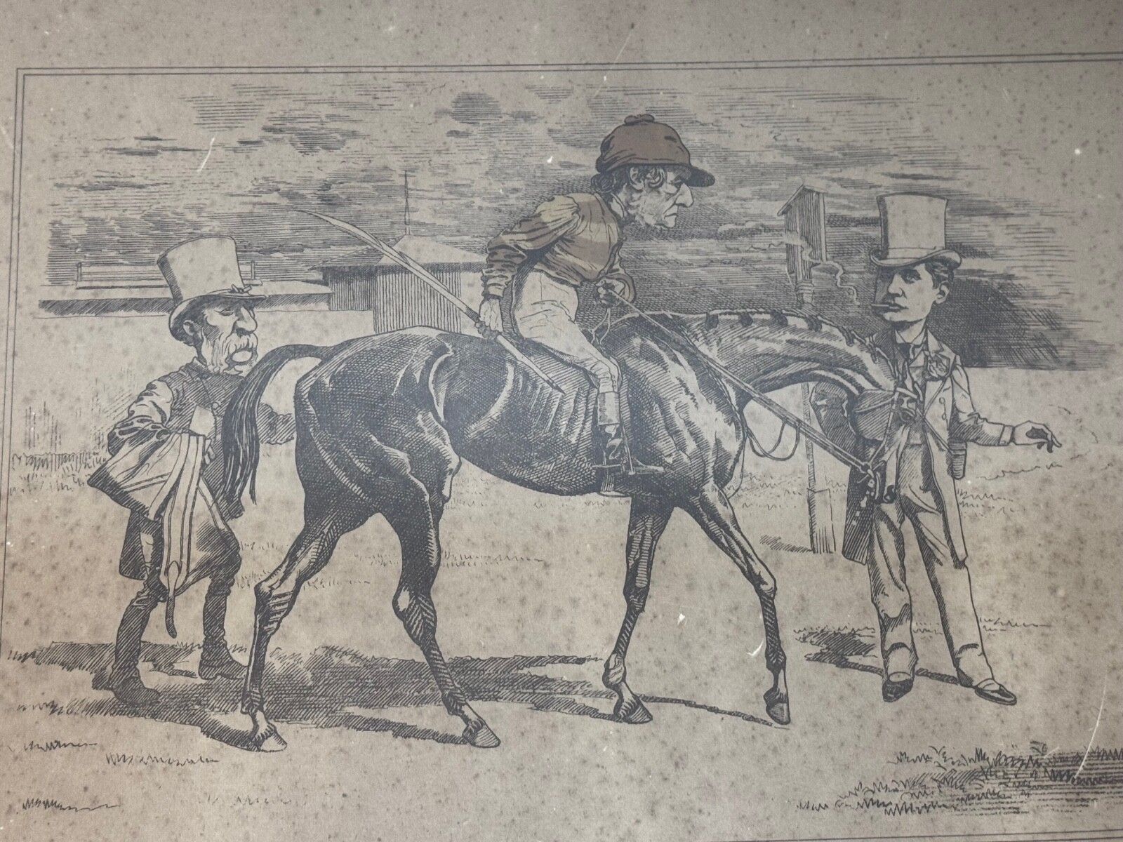 photo furniture 19e-eeuwse politieke prent William Gladstone als jockey van Lord Rosebery op paard Verbosity door Edward Linley Sambourne