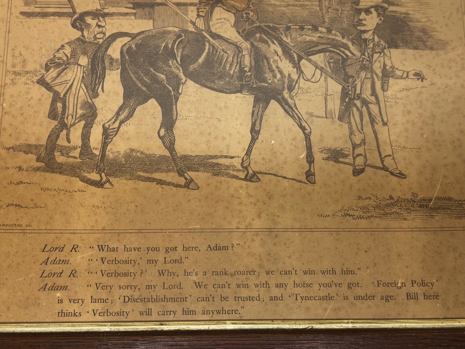 photo for sale 19e-eeuwse politieke prent William Gladstone als jockey van Lord Rosebery op paard Verbosity door Edward Linley Sambourne