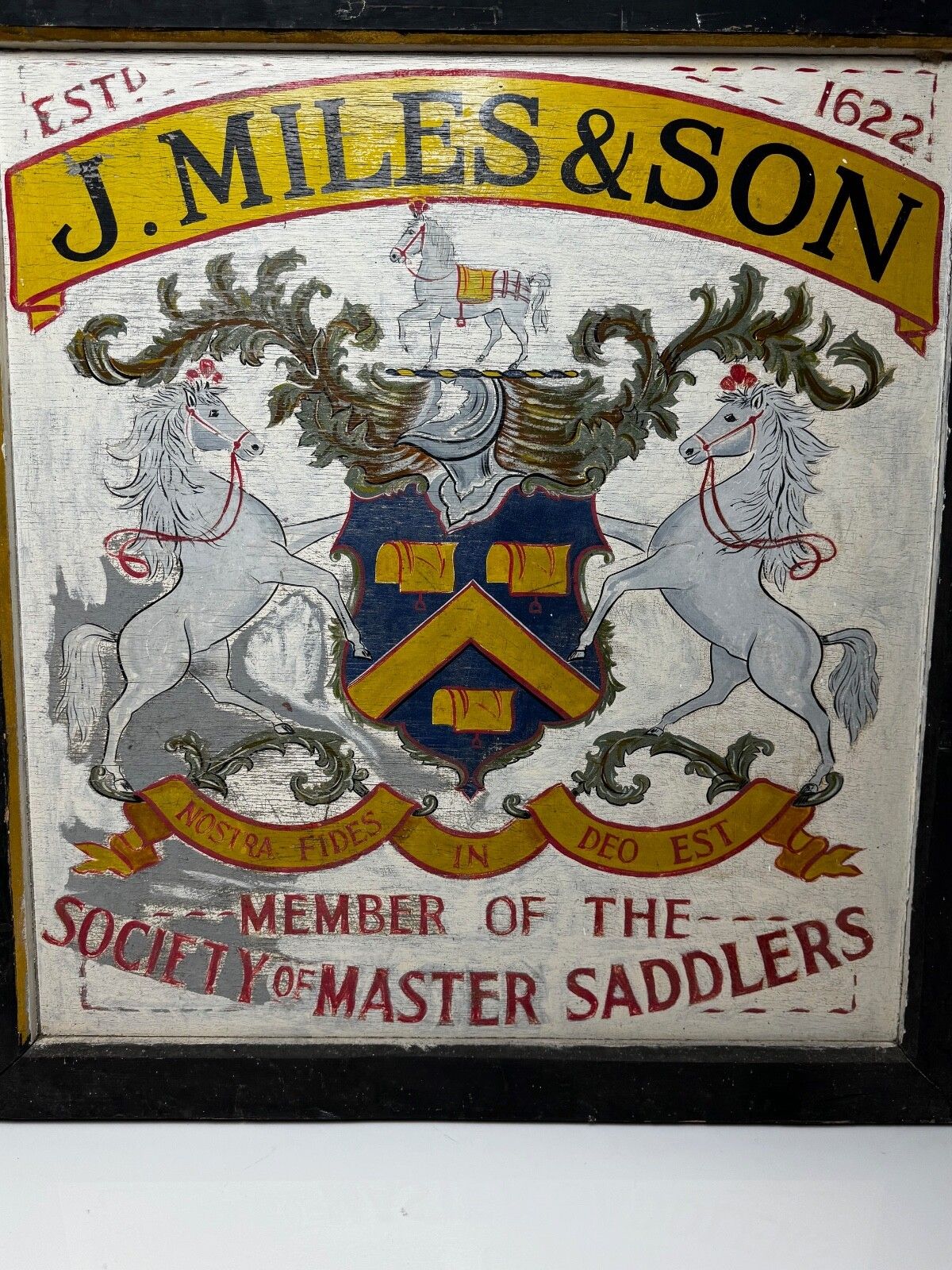 Vintage Heraldisch Handelsreclamebord J.Miles & Son Master Saddlers Dorchester photo buy