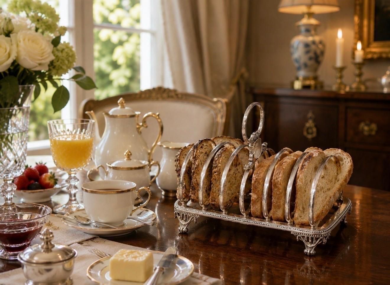 Art Deco Silver Toast Rack, 6 Slice Breakfast Bread Stand With Handle Sheffield photo for sale