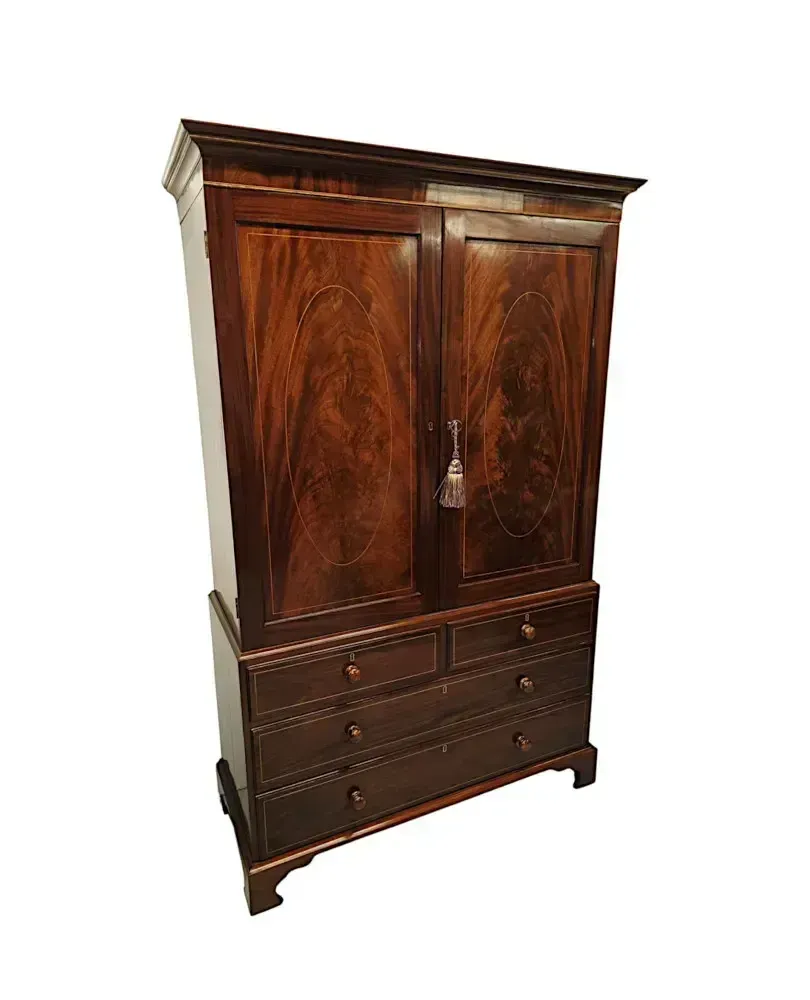 A Very Fine Early 19th Century Inlaid Linen Press photo furniture
