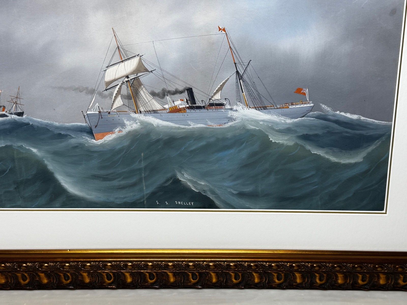 Begin 20e eeuw Napolitaans havenportret, marineschilderij S.S. Shelley stoomschip op woelige zee, toegeschreven aan Luca Papaluca photo for sale