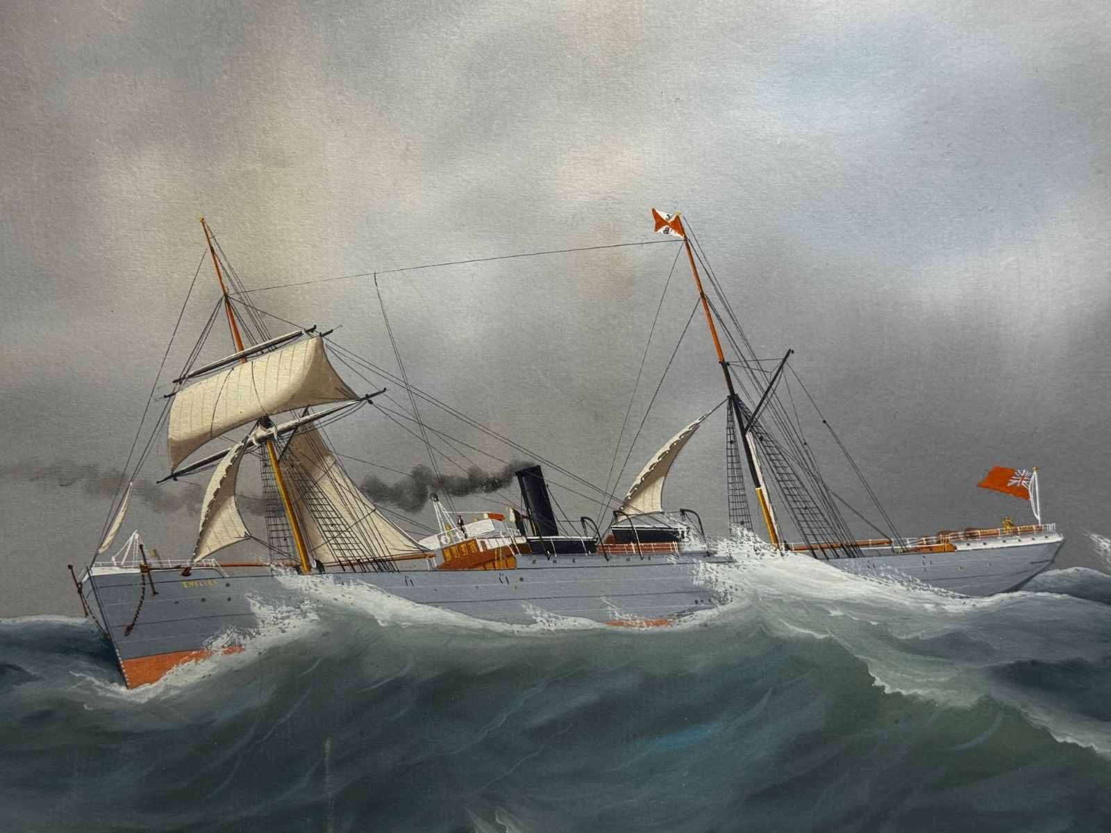 Begin 20e eeuw Napolitaans havenportret, marineschilderij S.S. Shelley stoomschip op woelige zee, toegeschreven aan Luca Papaluca photo Kunst
