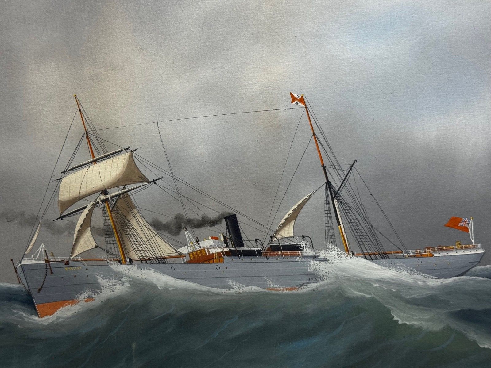 Begin 20e eeuw Napolitaans havenportret, marineschilderij S.S. Shelley stoomschip op woelige zee, toegeschreven aan Luca Papaluca photo 4250.0