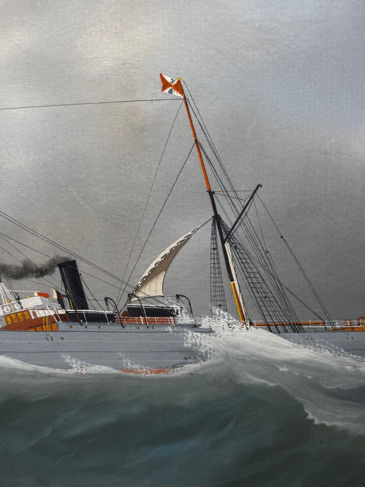 photo buy Begin 20e eeuw Napolitaans havenportret, marineschilderij S.S. Shelley stoomschip op woelige zee, toegeschreven aan Luca Papaluca