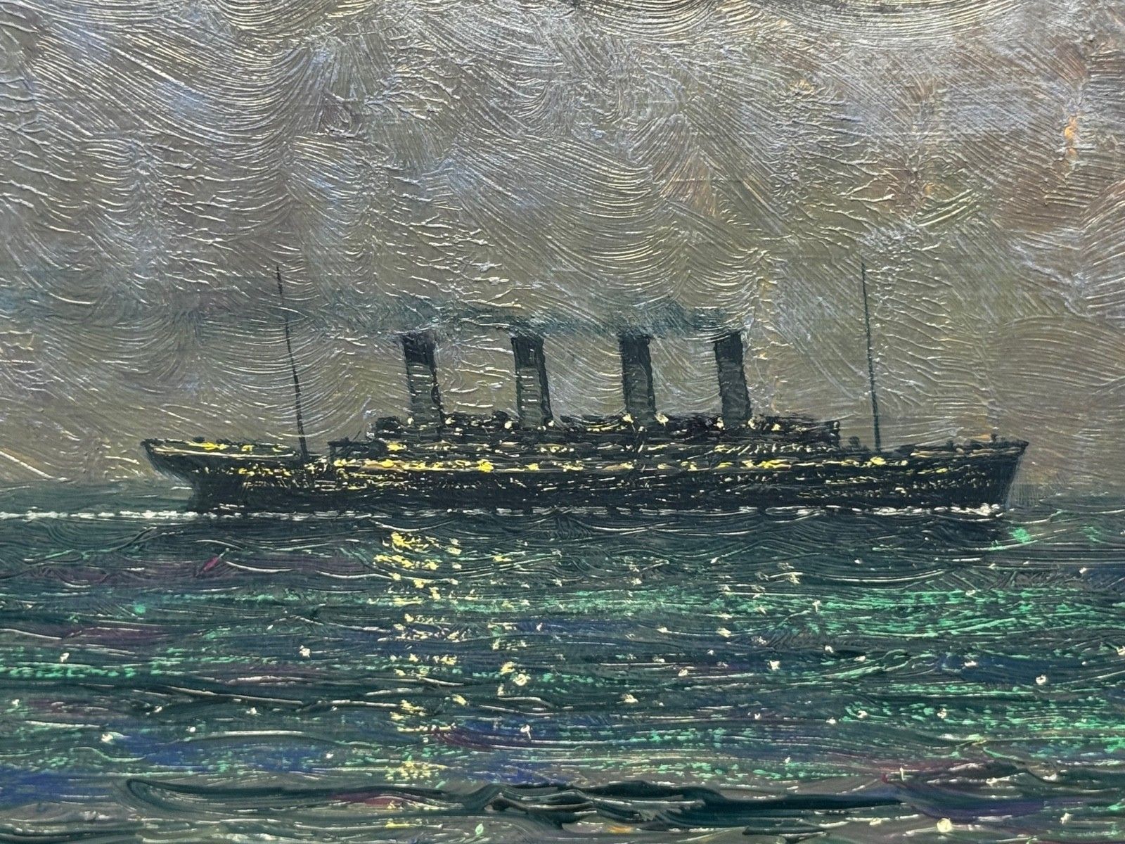 8250.0 Groot olieverfchilderij "Ships That Pass In The Night" - RMS Titanic onder nachtelijke maan met RMS Olympic photo
