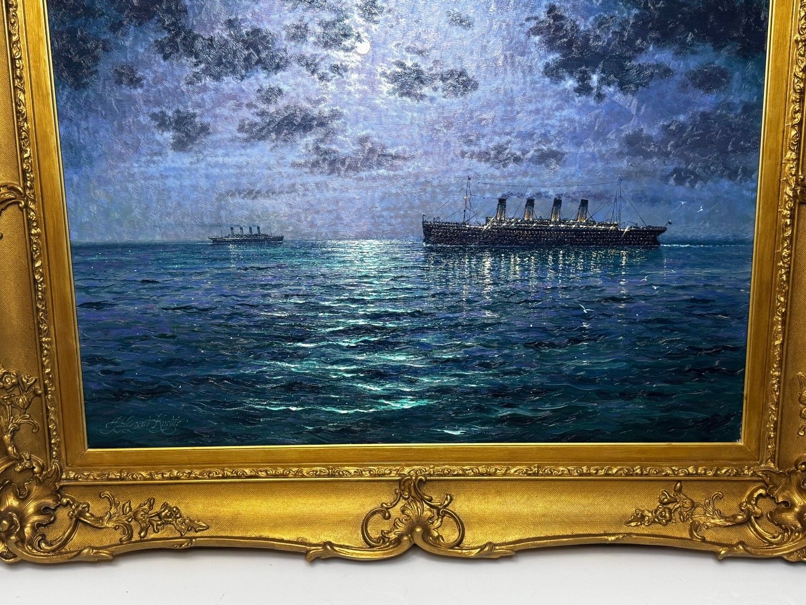 photo vinterior Large Oil Painting Ships That Pass In The Night Rms Titanic Under Nocturnal Moon With Rms Olympic