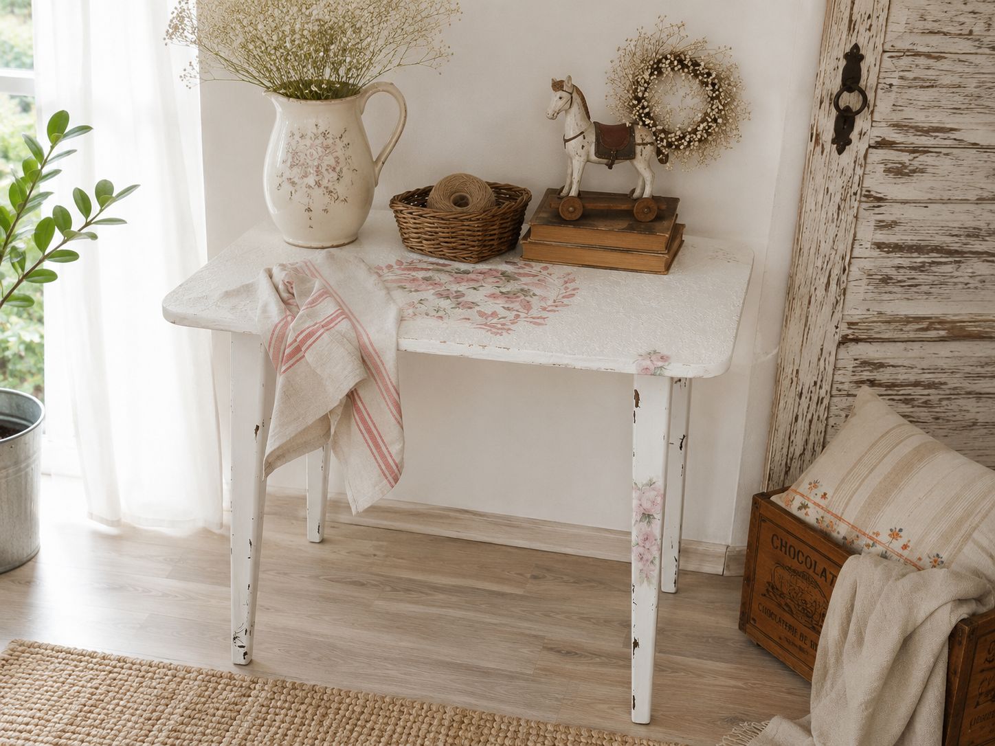 Portable Folding Wood Table Pink Flowers, White End Table, Coffee Table, Mcm Side Table, Mid Century Modern Table, Retro Wood Plant Stand photo furniture