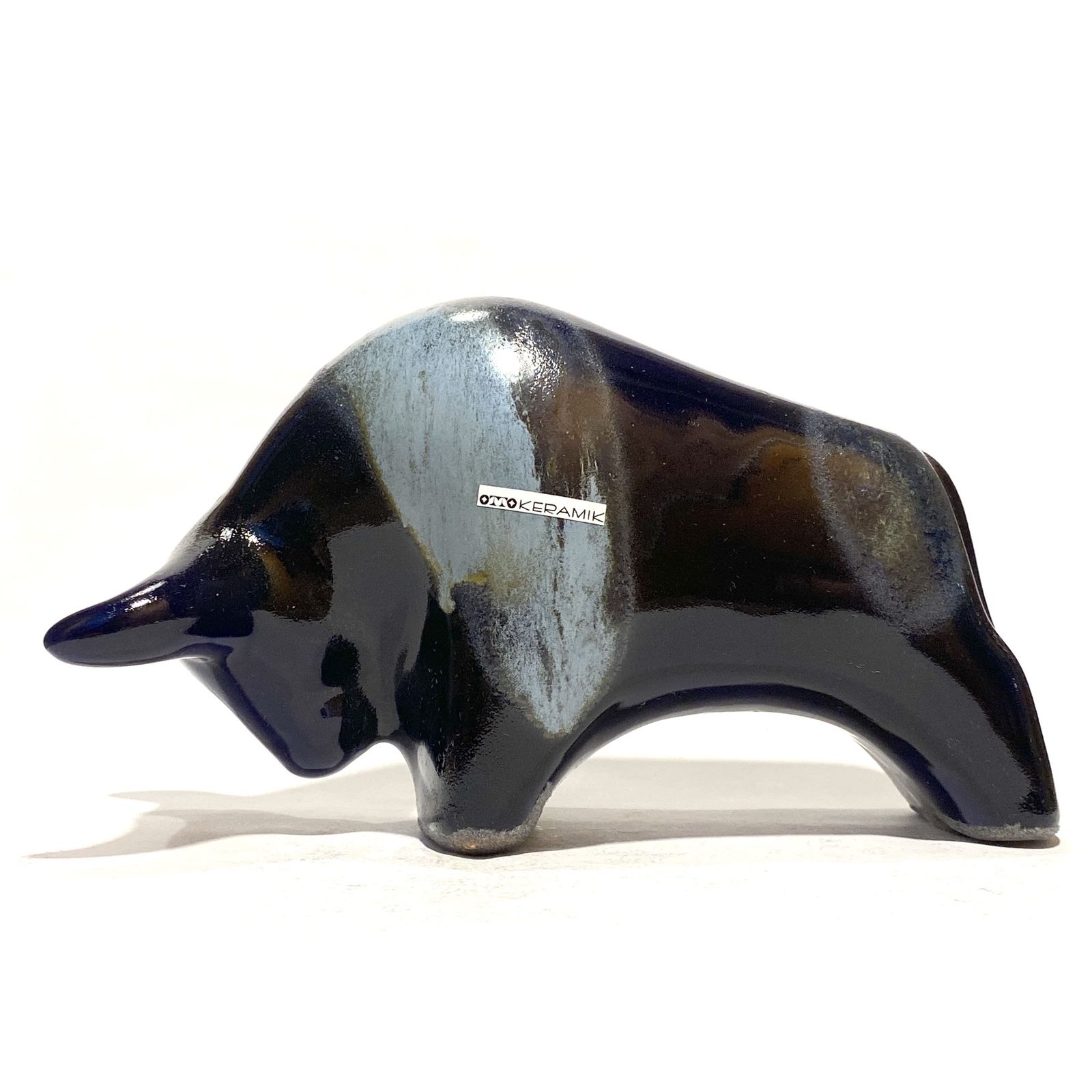 Otto Keramik Ceramic Bull In Dark Blue Kreta Glaze, West German Pottery Style Sculpture