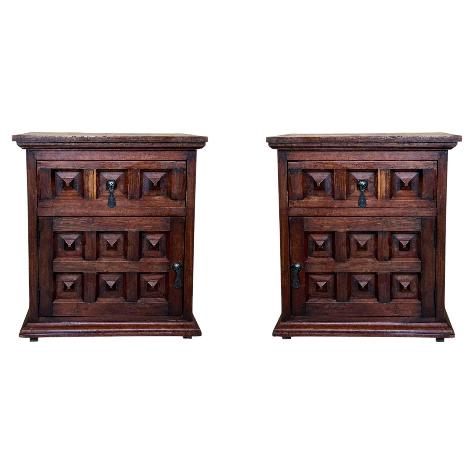 Pair Of Spanish Solid Walnut Nightstands With Hand Carved Geometric Panels