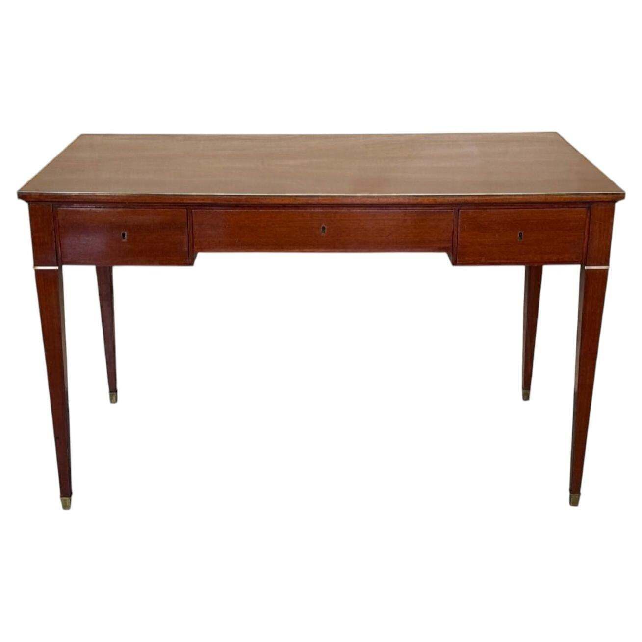 Antique Neoclassical Mahogany Writing Desk With Brass Inlays And Three Drawers
