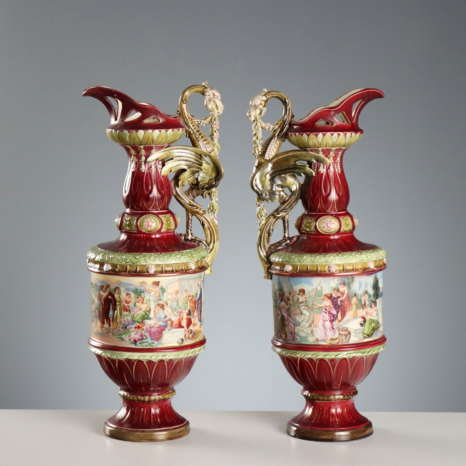 Pichets d'époque Jugendstil en céramique polychrome, XIXe siècle photo for sale