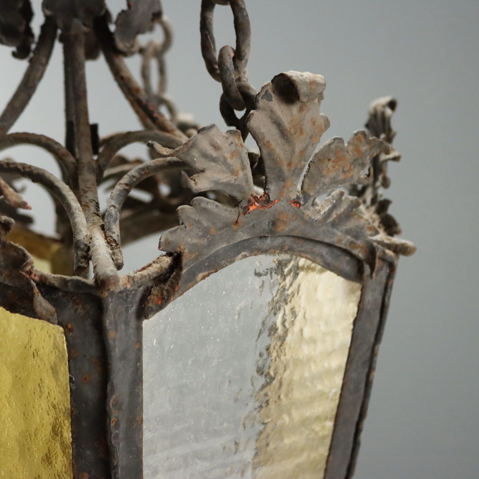 Antique Lanter Iron White And Yellow Glass Italy XX Century photo Lighting
