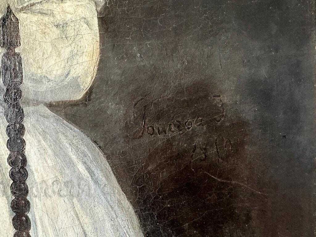 1083.0 Antiek groot Frans olieverfportret van een biddend meisje, ca. jaren 1850 – schilderij op doek, 36x29 inch photo