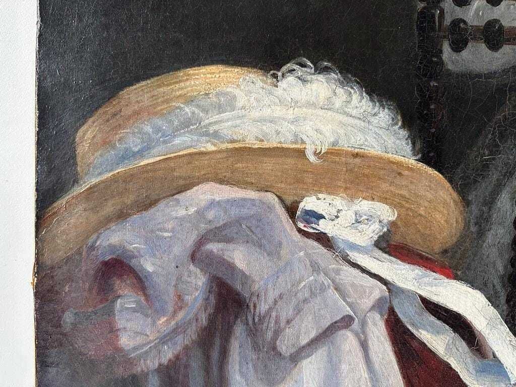 photo buy Antiek groot Frans olieverfportret van een biddend meisje, ca. jaren 1850 – schilderij op doek, 36x29 inch