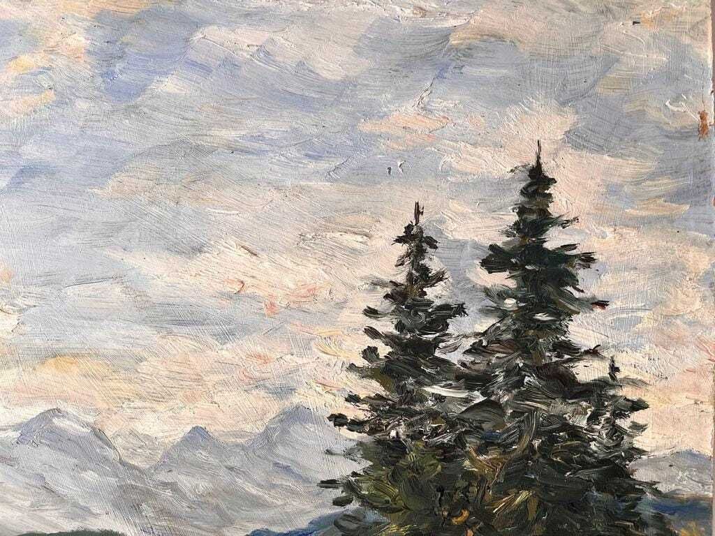 Original 1952's French Mountains Landscape Painting, Vintage Alpine Pastures Oil On Panel photo 160.0