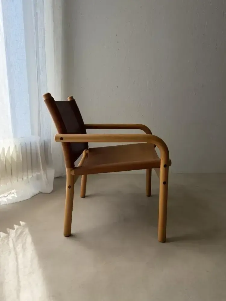 Deense Safari Fauteuil, Beukenhout, Leer, jaren 1970 photo vintage