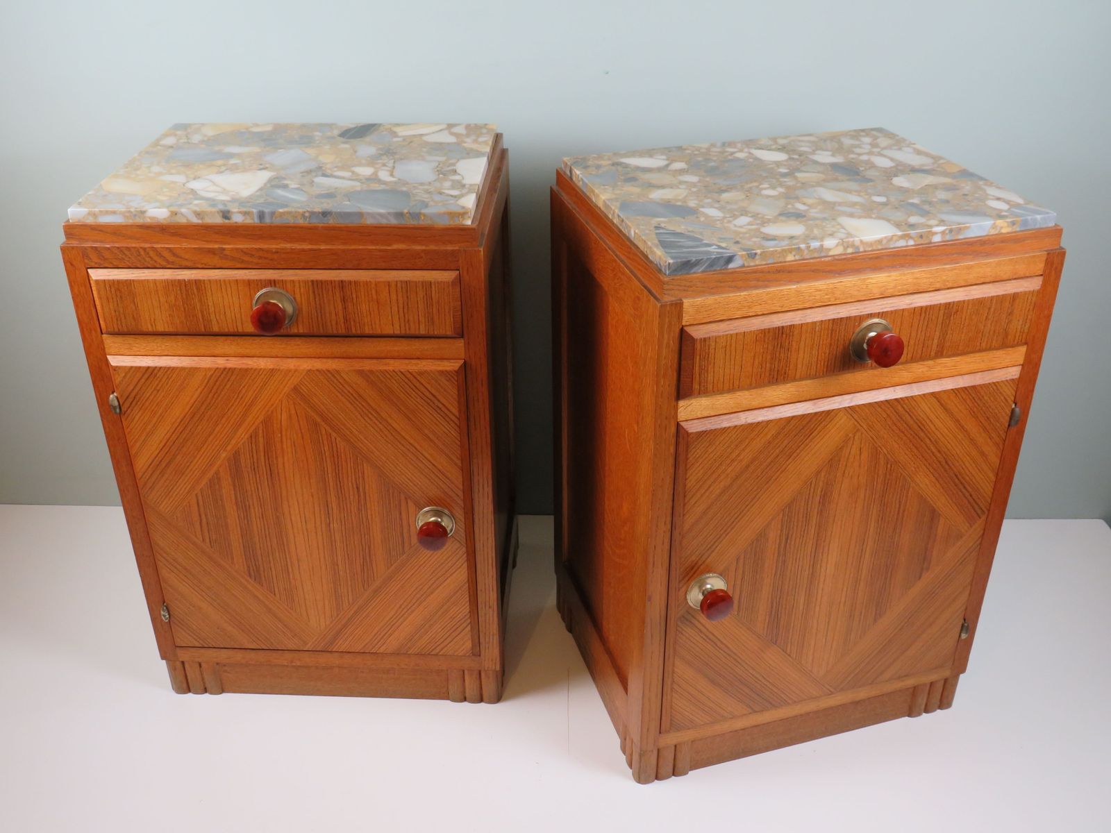 Pair Of French Art Deco Oak Bedside Cabinets With Inset Marble Tops