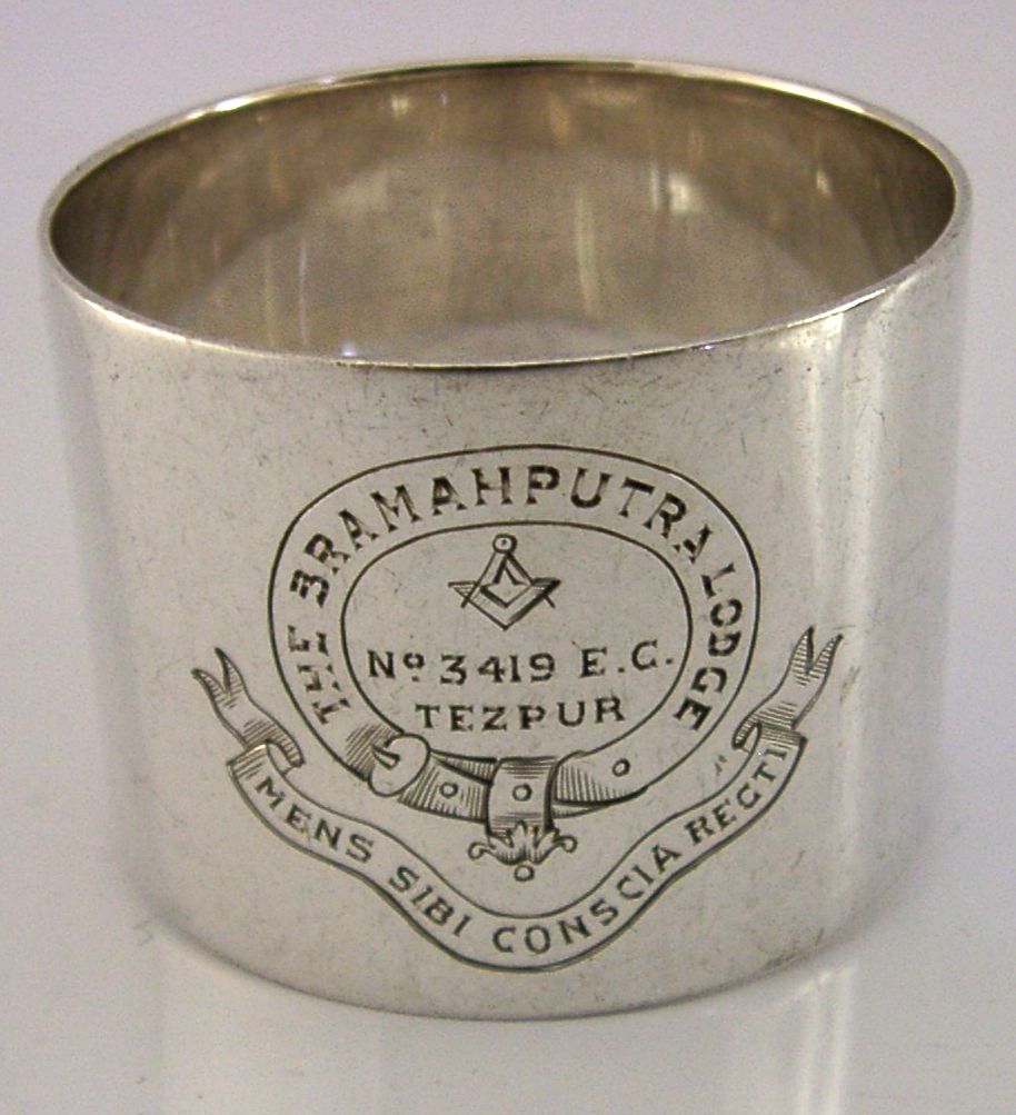 44g Indische massief zilveren Maçonnieke servetring 1956 Bramahputra Lodge No. 3419 photo for sale