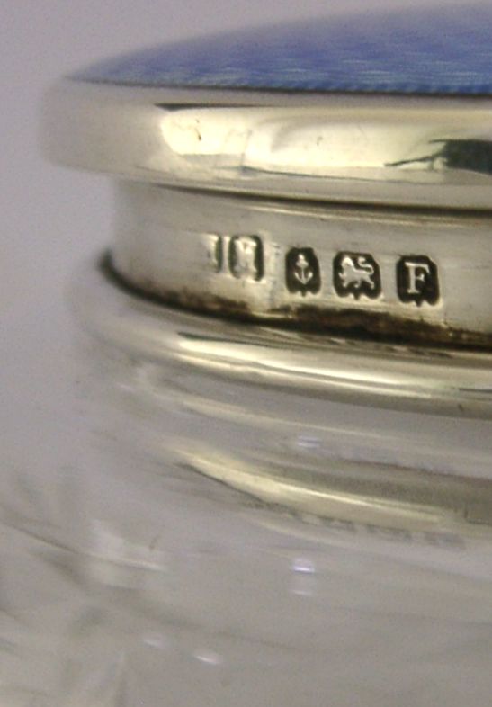 Pot en argent massif sterling Art déco, verre taillé et émail bleu, 10,8 cm, 1930, d'époque photo buy