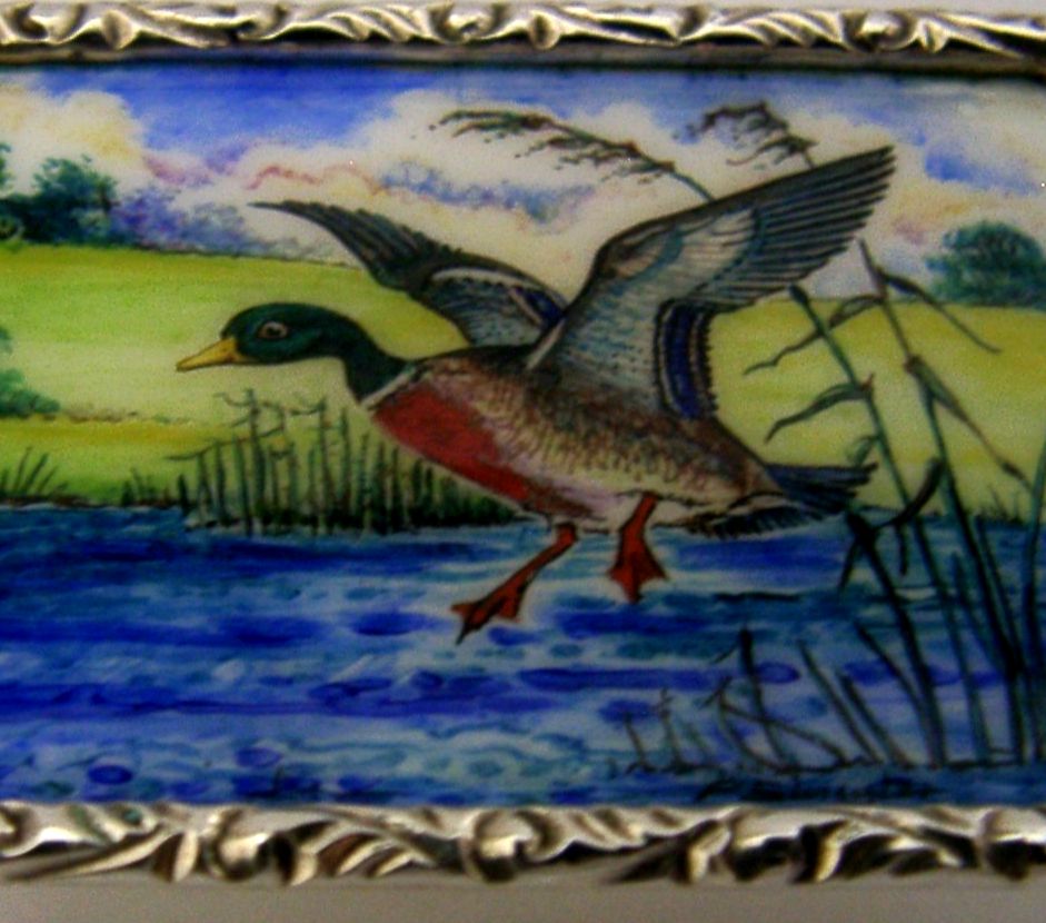 Sterling Zilveren Email Mallard Eend Vogeldoos 1988 Handgeschilderd Schieten