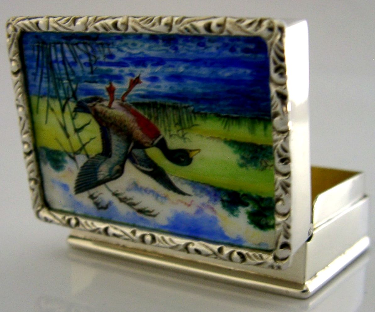 Sterling Zilveren Email Mallard Eend Vogeldoos 1988 Handgeschilderd Schieten photo for sale