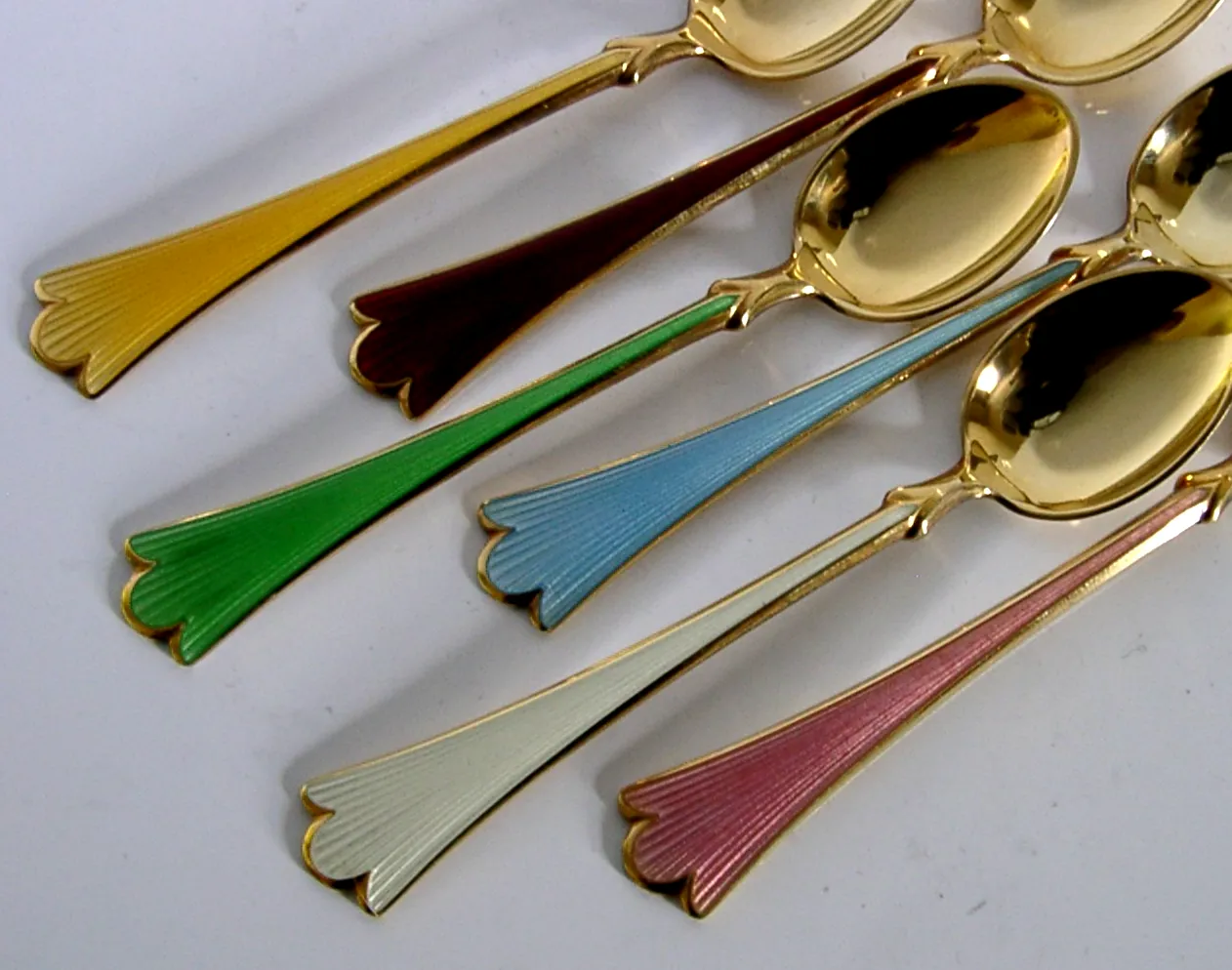 Six Beautiful Norwegian Solid Sterling Silver Gilt Enamel Spoons C1970s photo Home Decor